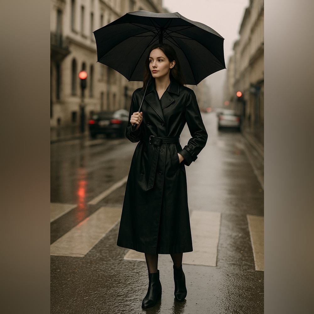 Atlantic Beach Black Long Trench Coat PVC Rain Jacket Belted Waterproof S